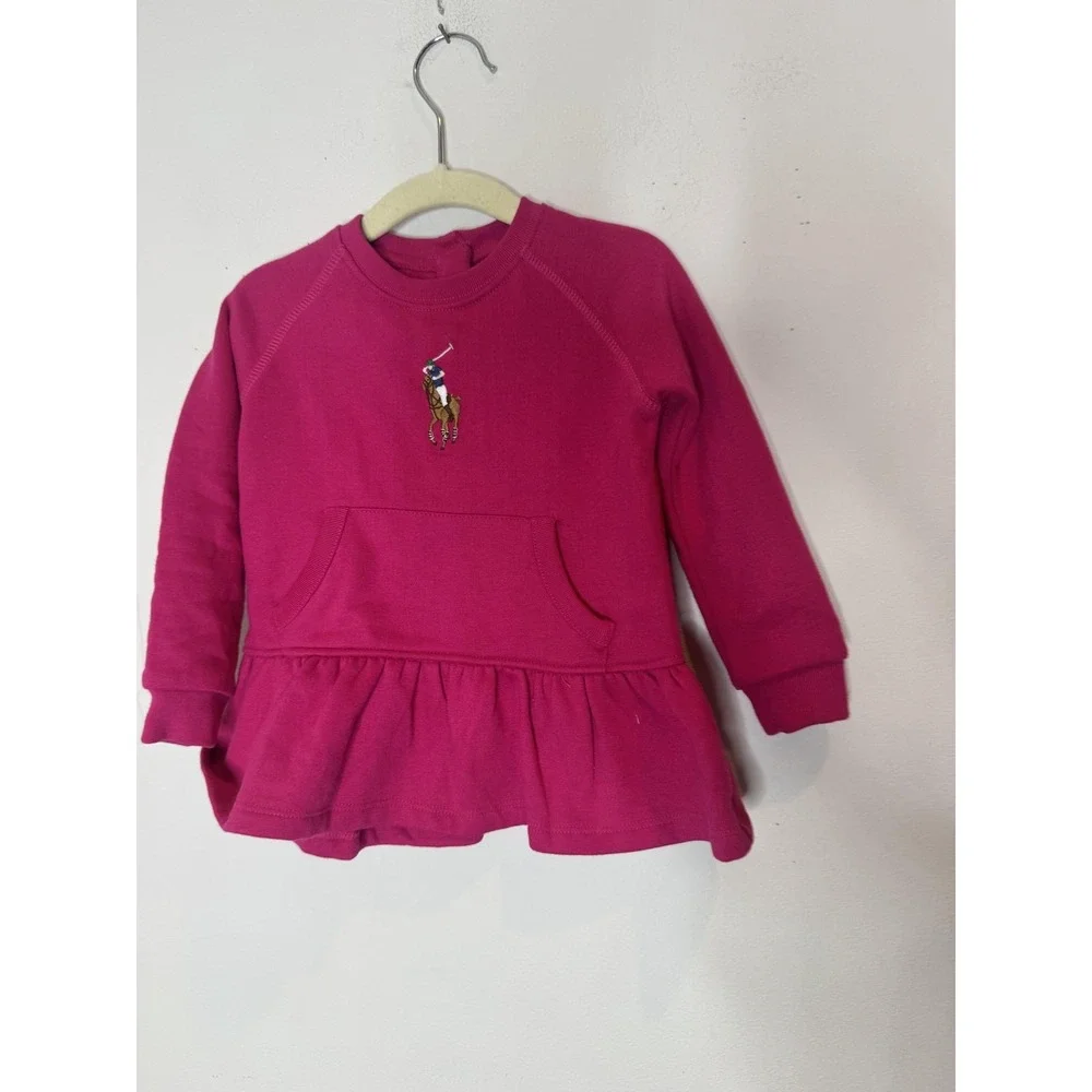 Ralph Lauren Sweater Dress Girls 24M Pink Fleece Kangaroo Pocket Ruffle